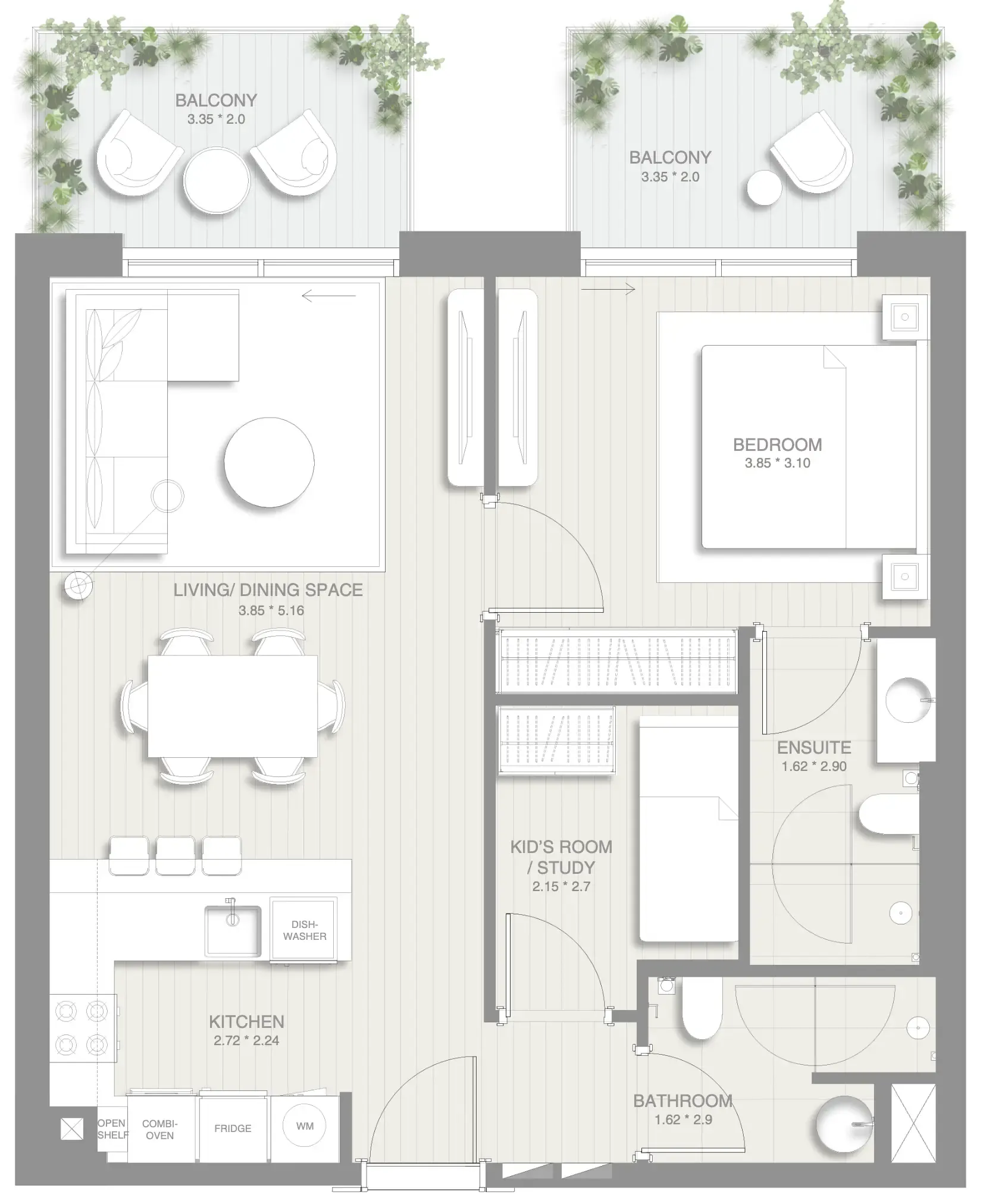 Sol Levante 1 bed floor plan, 843 sqft