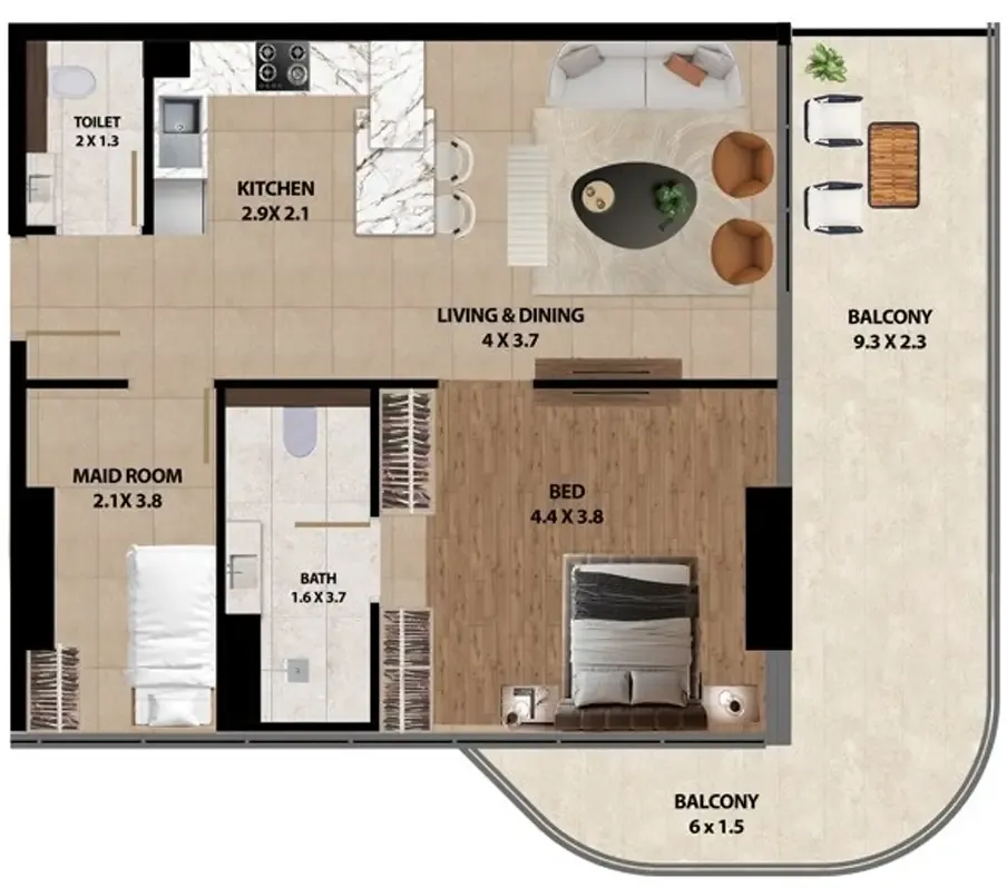 Marquis One 1 bed floor plan, 968 sqft