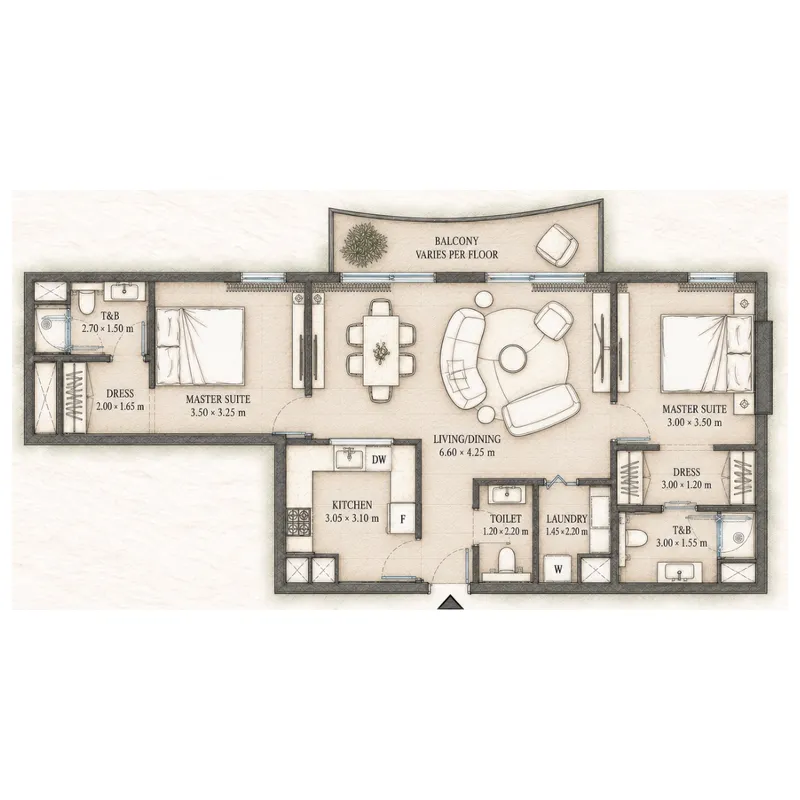 Epoque 2 bed floor plan, 1,052 sqft
