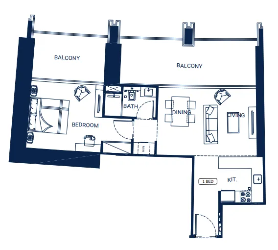 Binghatti Skyrise 1 bed floor plan, 967 sqft