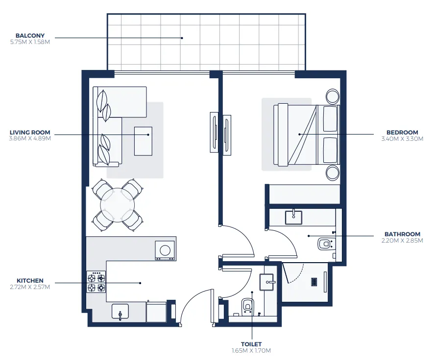 Creek Views 3 1 bed floor plan, 728 sqft