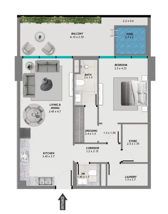 Samana Resorts 1 bed floor plan, 1,030 sqft