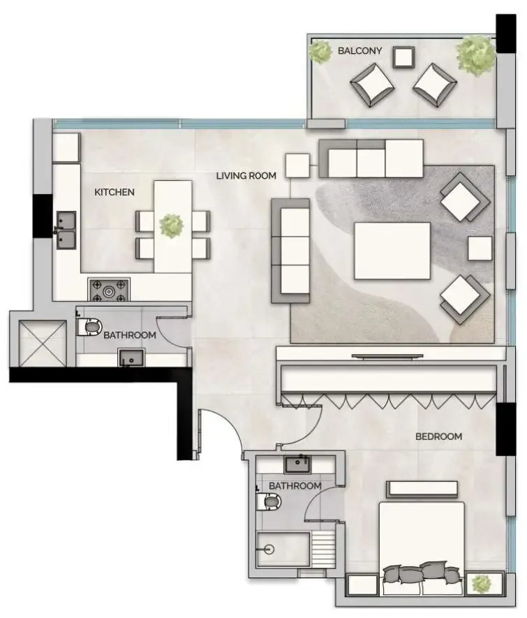 Glam Residence 1 bed floor plan, 950 sqft