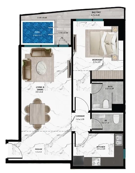 Samana Barari Views 2 1 bed floor plan, 849 sqft