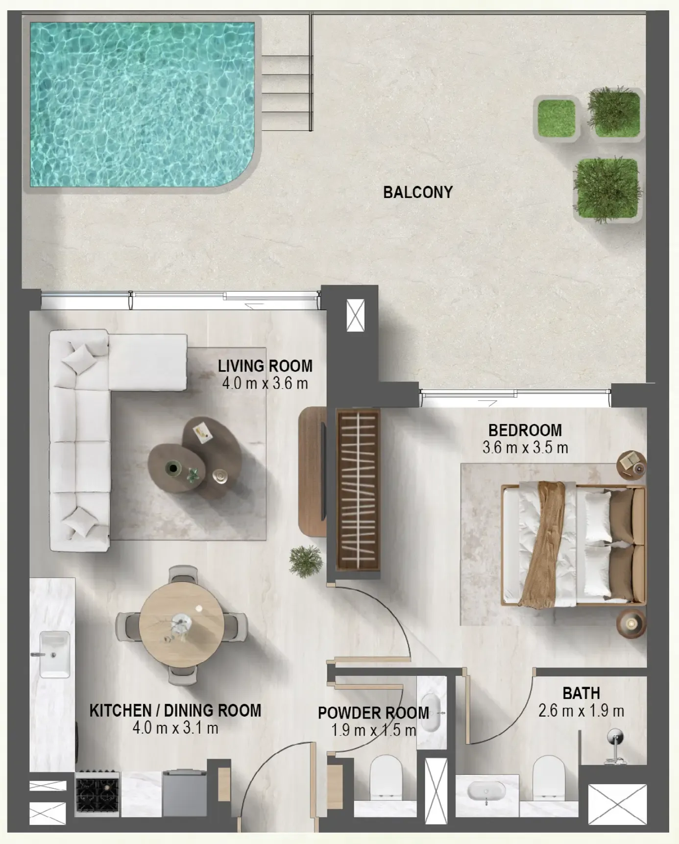 Sanctuary 1 bed floor plan, 999 – 1,000 sqft