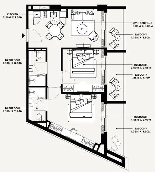 Azizi Arian 2 bed floor plan, 988 sqft