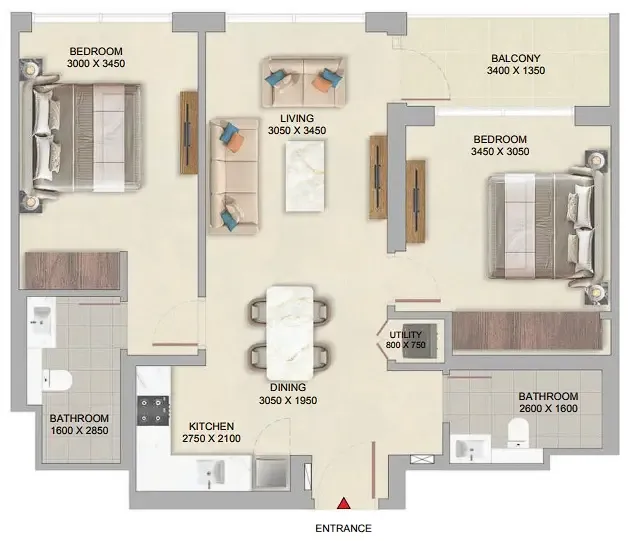 The Woods Abode at Sobha Sanctuary 2 bed floor plan, 864 sqft