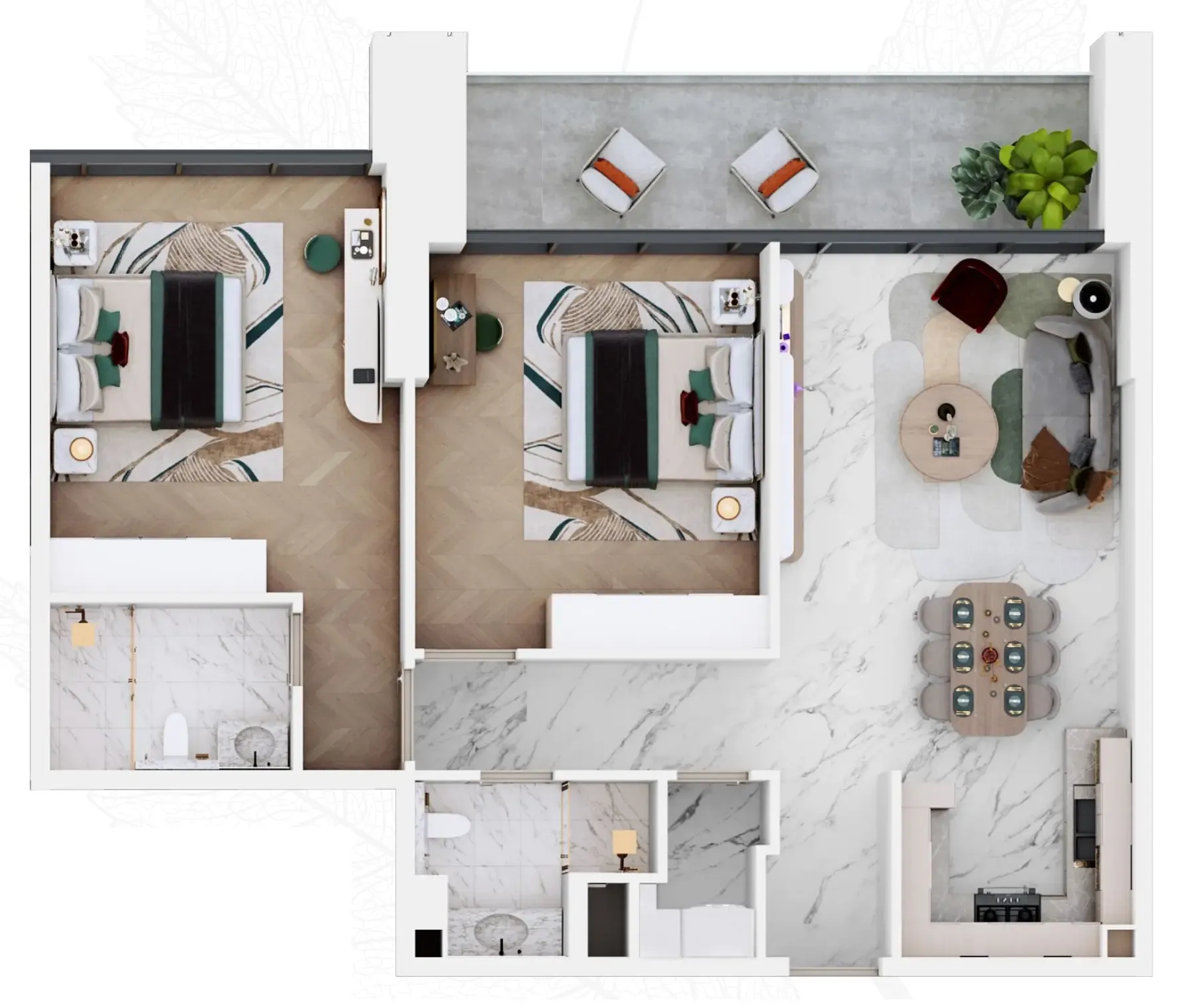 Vega 2 bed floor plan, 1,077 sqft
