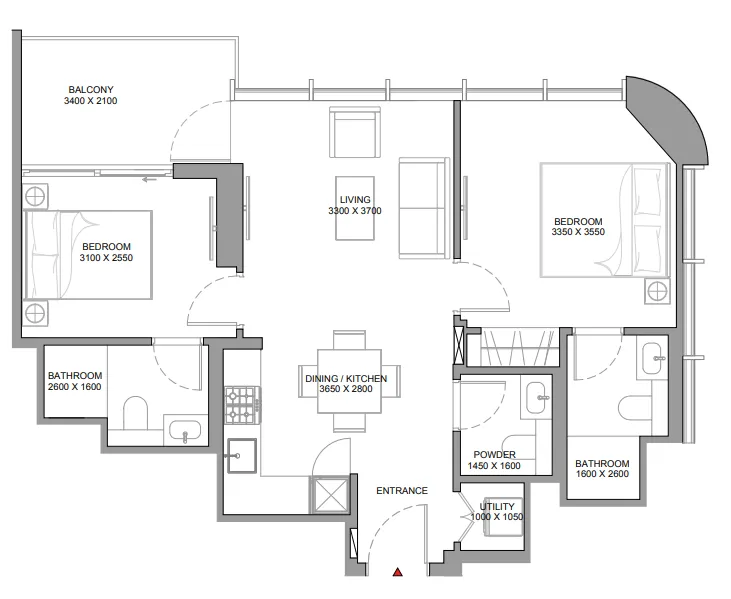 Sobha Aquamont 2 bed floor plan, 771 sqft