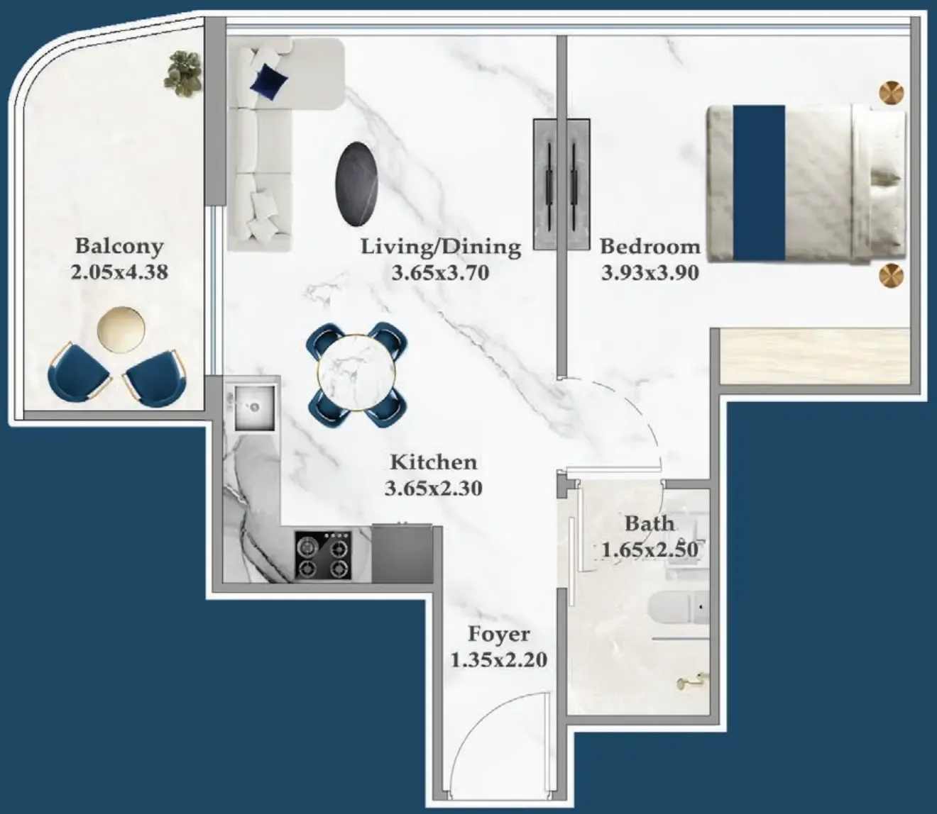 Serenz 1 bed floor plan, 583 sqft