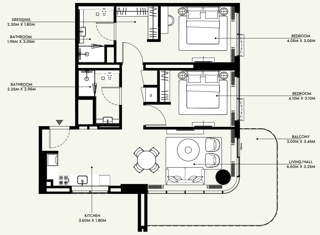 Azizi Venice 2 bed floor plan, 1,214 – 1,215 sqft