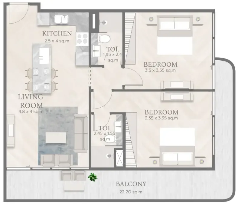 Casa Aura Residence 2 bed floor plan, 1,045 sqft