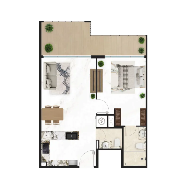 Courtyard One 1 bed floor plan, 778 sqft