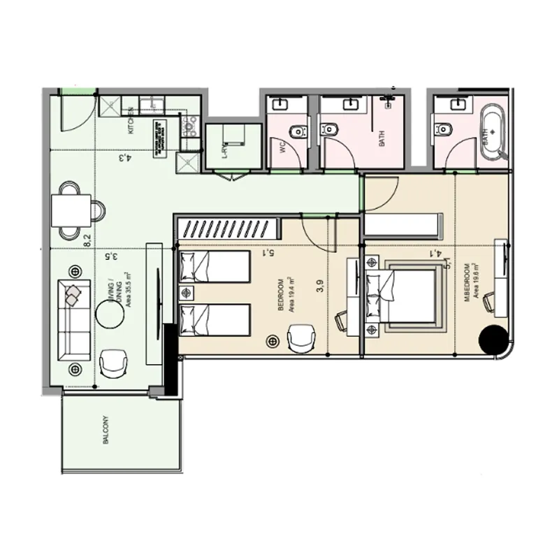 Edgewater Residences 1, 2 and 3 2 bed floor plan, 1,140 sqft