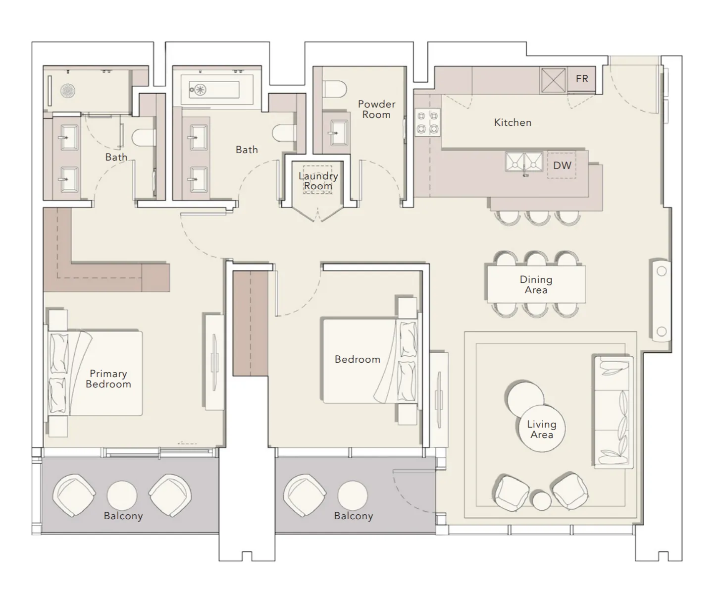 One River Point 2 bed floor plan, 1,480 sqft