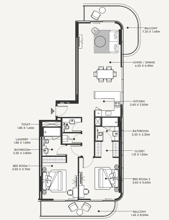 Azizi Amir 2 bed floor plan, 1,456 sqft