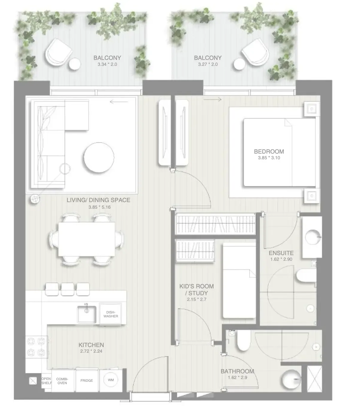 Sol Levante 1 bed floor plan, 845 sqft