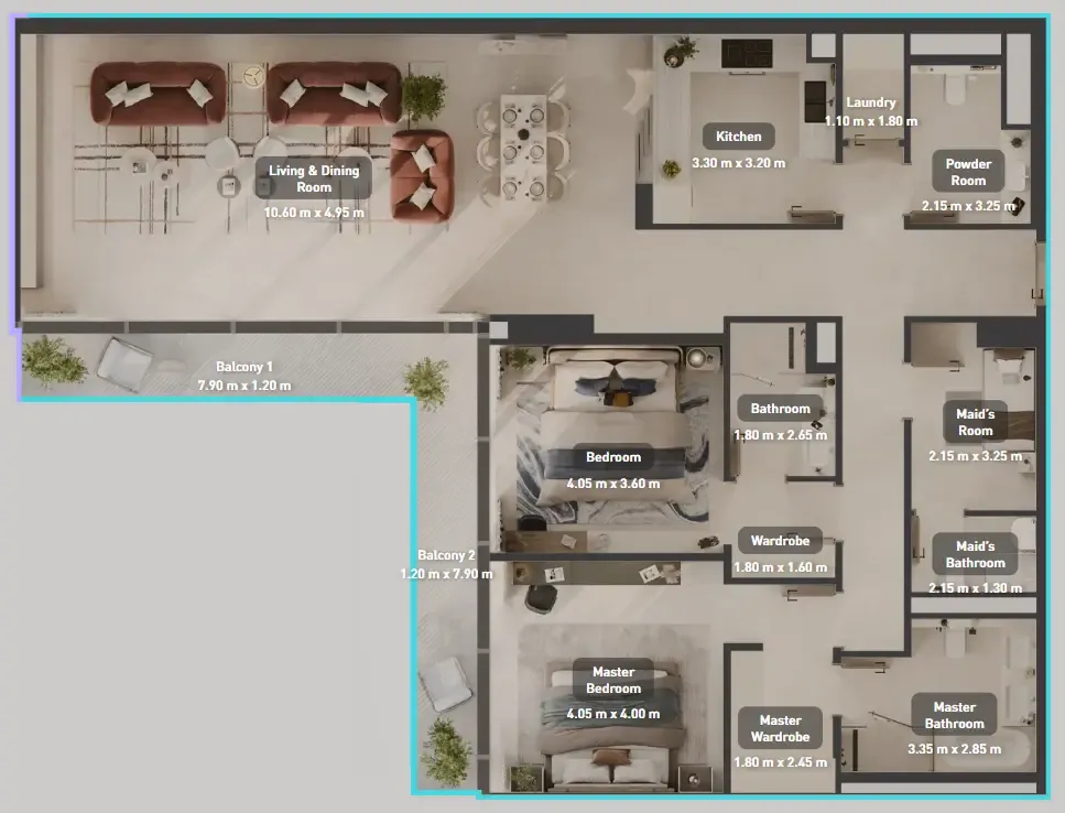 Luluat Marina at Luluat Al Raha 2 bed floor plan, 1,935 sqft