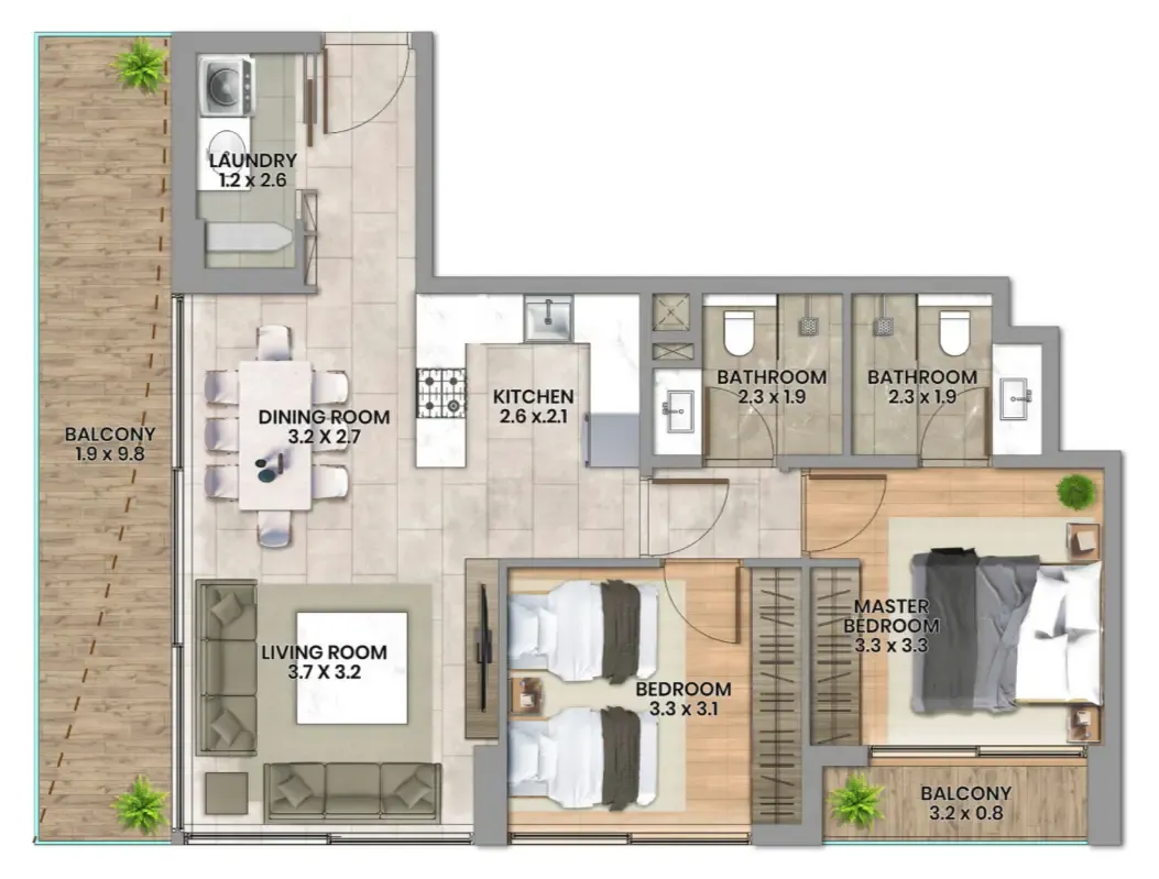 Elemental 22 2 bed floor plan, 1,036 sqft