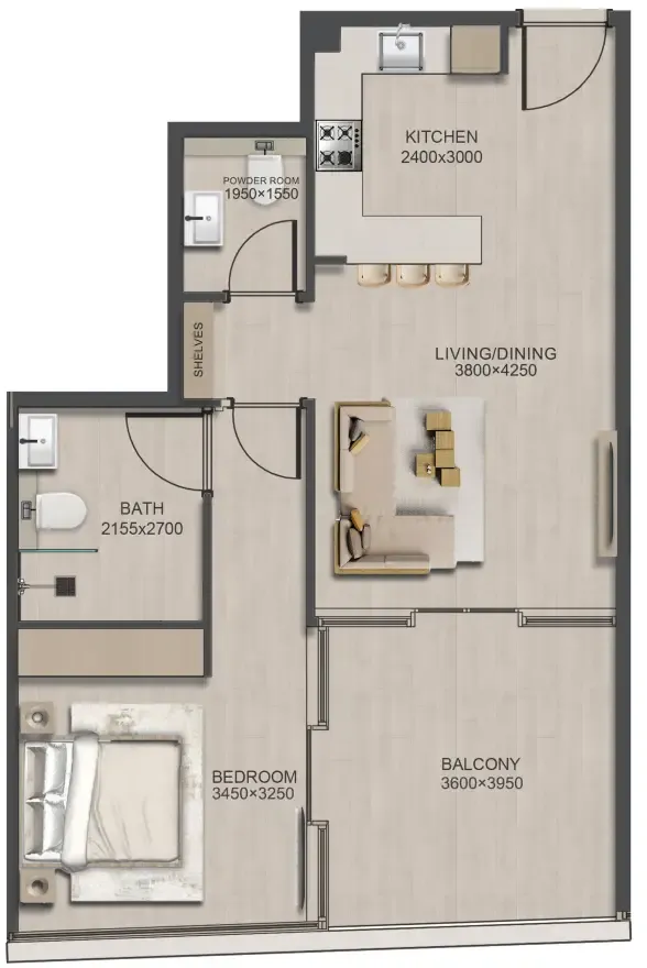 J188 1 bed floor plan, 792 sqft