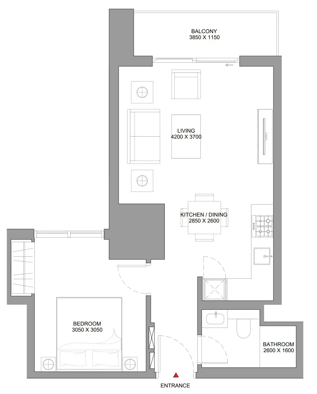 The Eden at Sobha Central 1 bed floor plan, 599 sqft