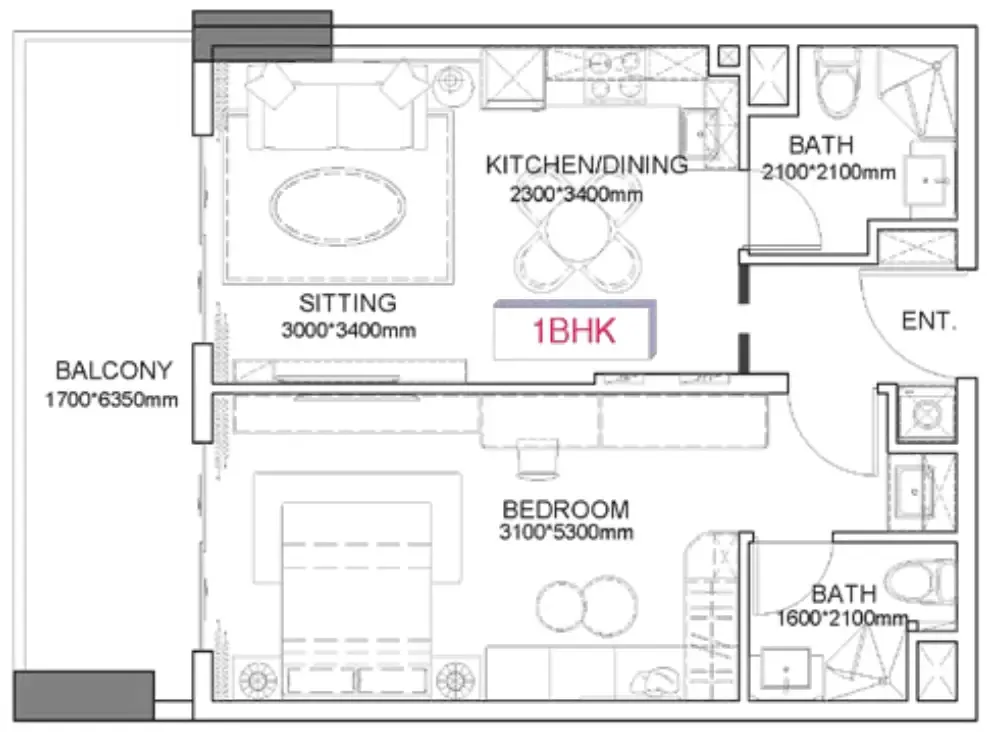 Listone Residence 1 bed floor plan, 628 – 1,068 sqft