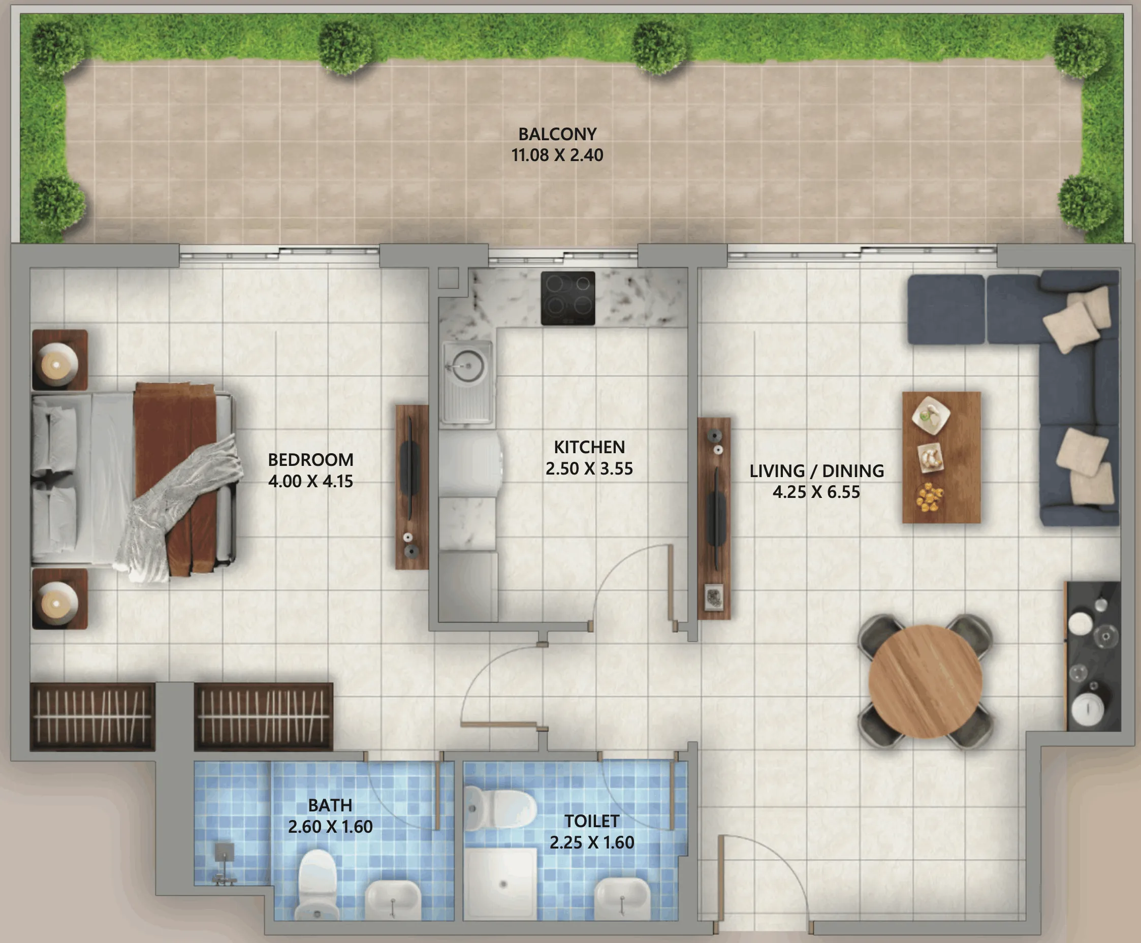 Linden Residences 1 bed floor plan, 1,076 sqft