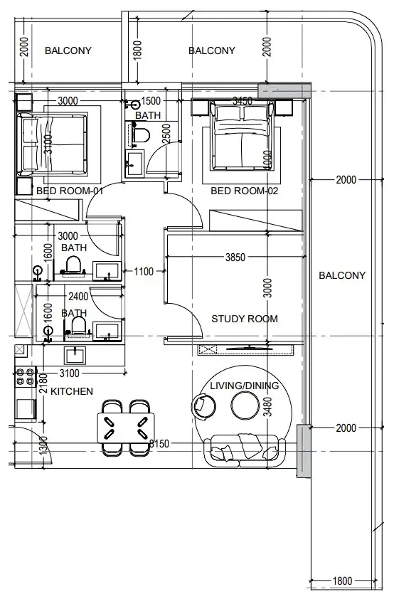 Al Haseen Residences 6 2 bed floor plan, 1,444 sqft