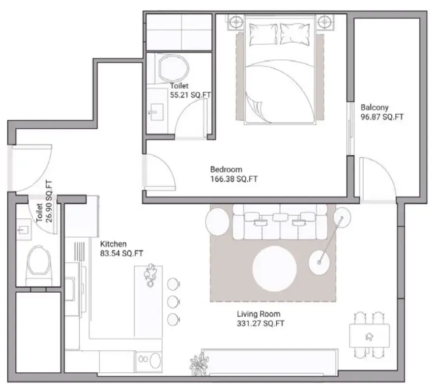 Ajman Creek Towers 1 bed floor plan, 1,227 – 1,237 sqft