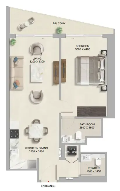 The Tranquil at Sobha Central 1 bed floor plan, 744 – 749 sqft