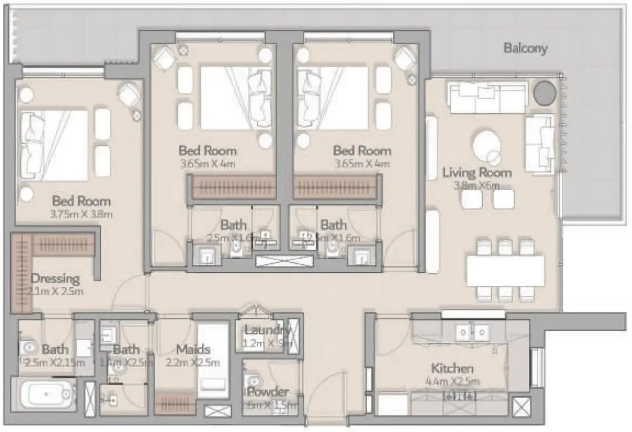 South Square Tower S1 3 bed floor plan, 1,798 sqft