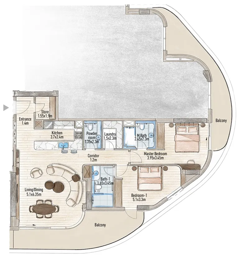 Flow 25 2 bed floor plan, 1,634 sqft