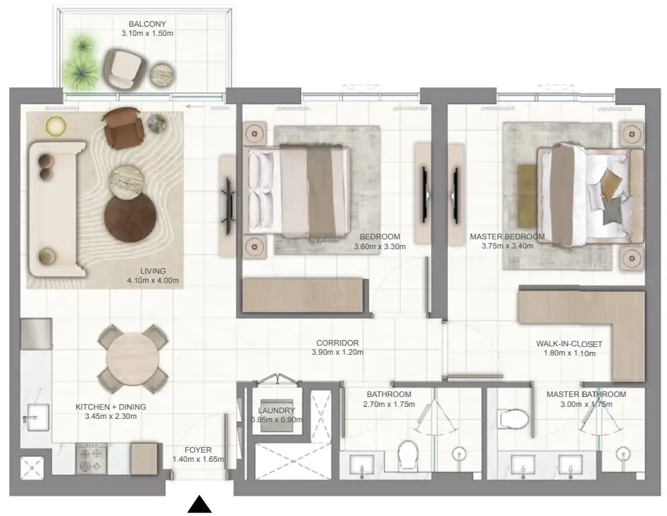 Golf Vale 2 bed floor plan, 990 sqft