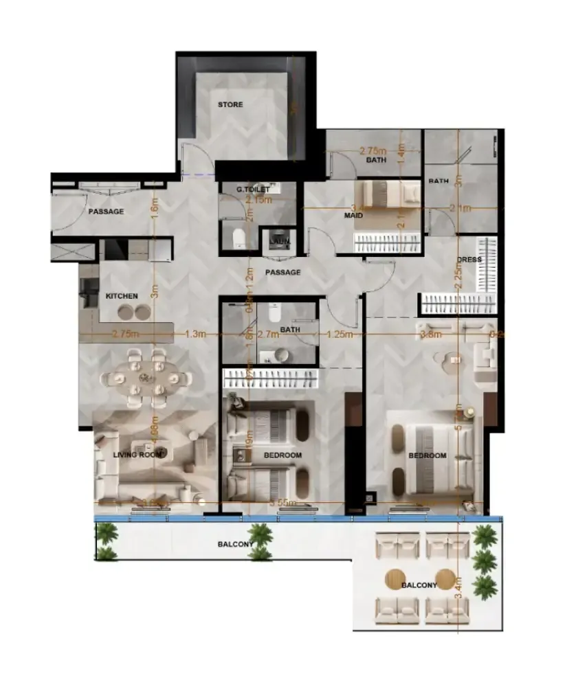 Radiant Terrace 2 bed floor plan, 1,754 sqft