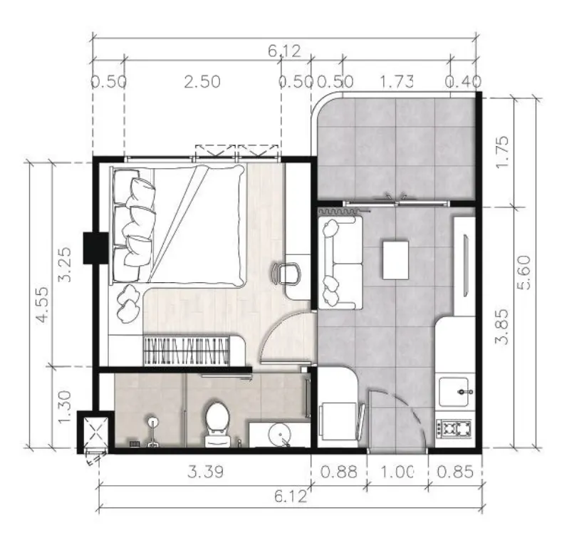 The Element 1 bed floor plan, 322 – 323 sqft