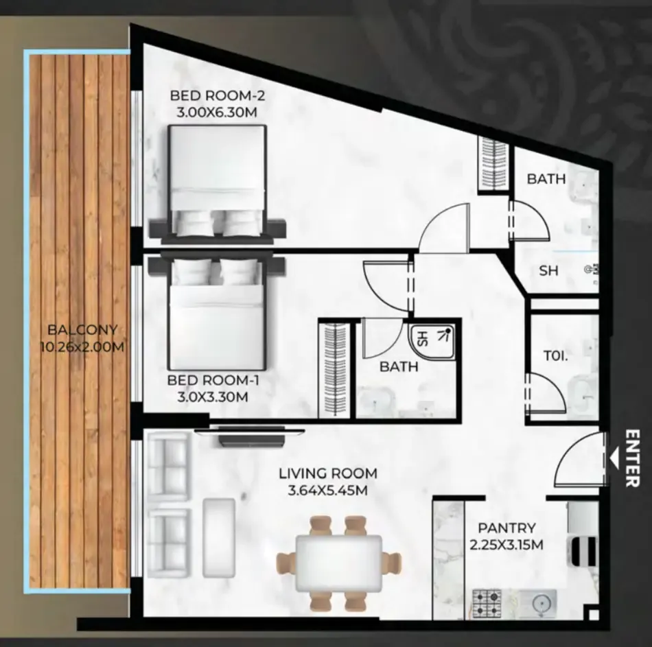 Lumina Vista 2 bed floor plan, 1,192 sqft