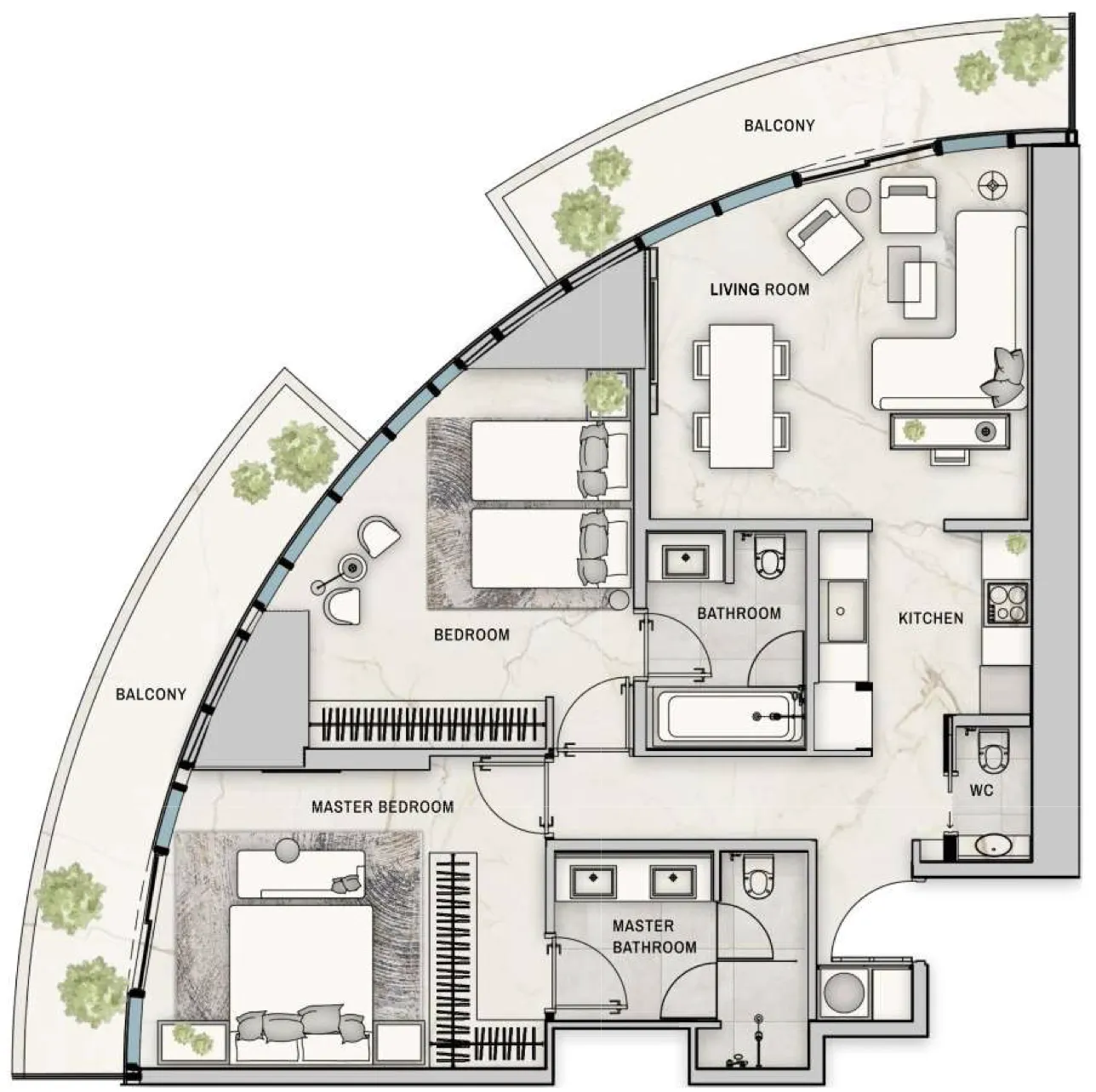 The Biltmore Residences Sufouh 2 bed floor plan, 1,322 sqft