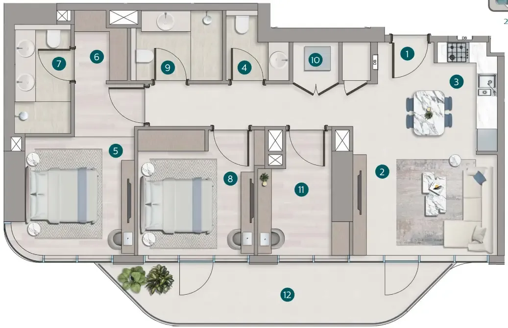 Flora Shore Beachside Residences 2 bed floor plan, 1,161 – 1,232 sqft