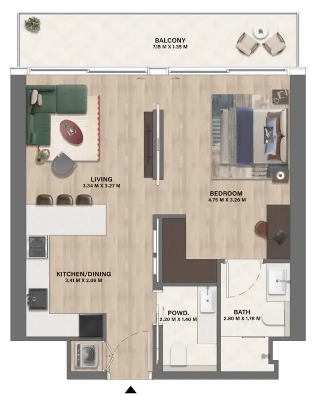 Mövenpick Residences Dubai Motor City Phase 1 1 bed floor plan, 672 – 703 sqft