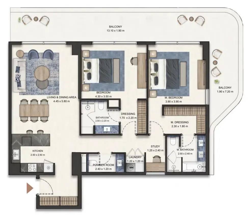 Seamont Autograph Collection Residences 2 bed floor plan, 1,497 sqft