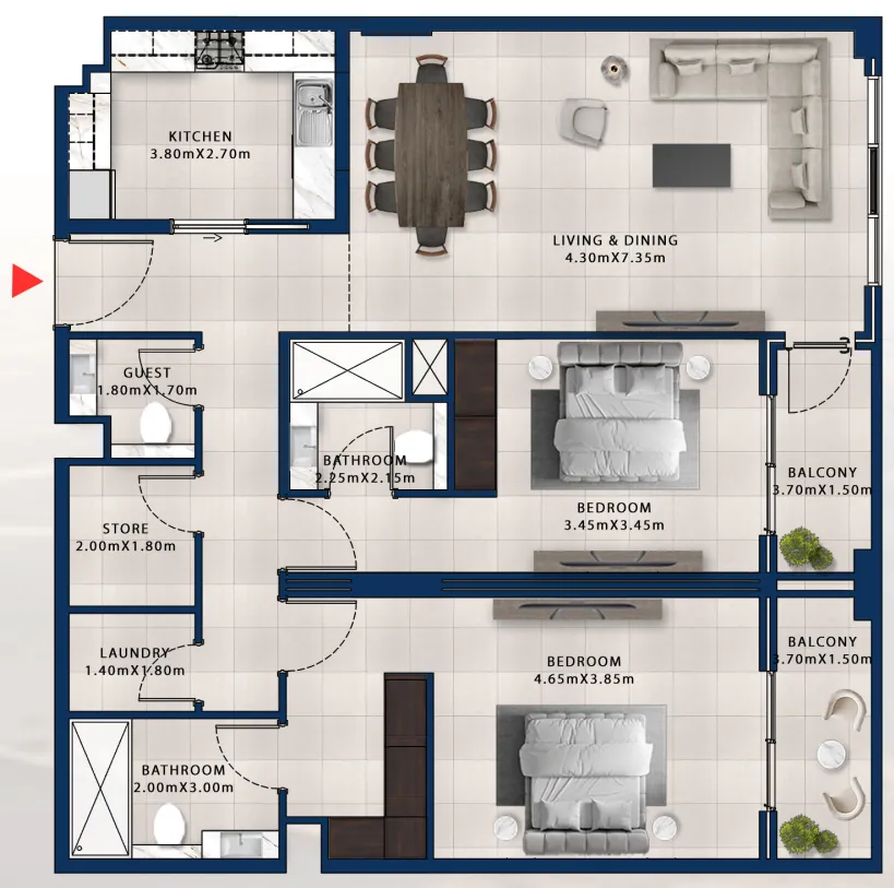 Asayel Avenue 2 bed floor plan, 1,480 sqft