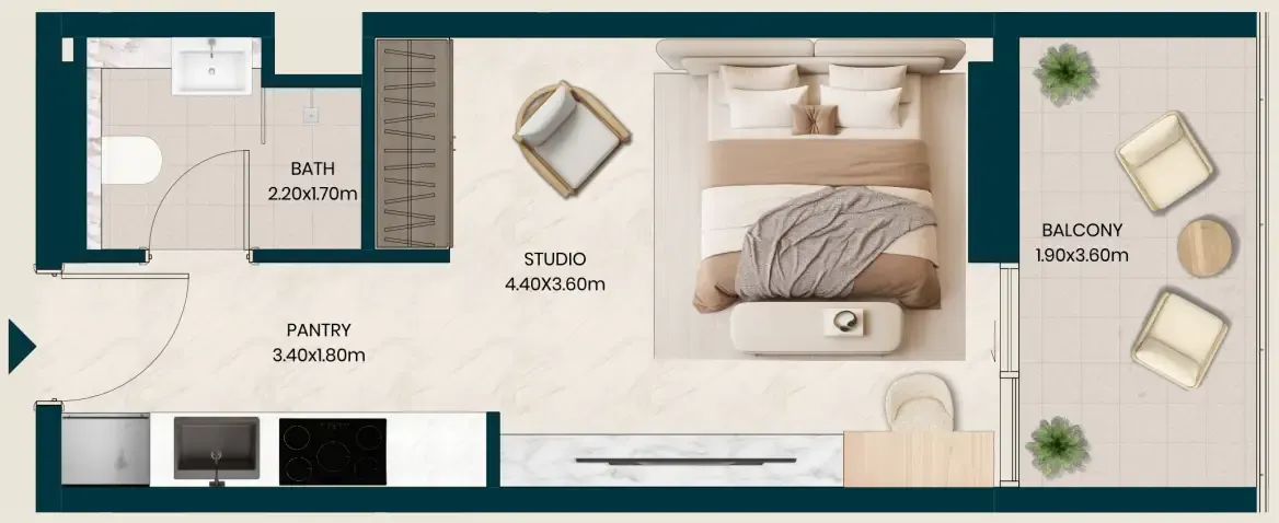 Kyomi Residences Studio floor plan, 391 sqft