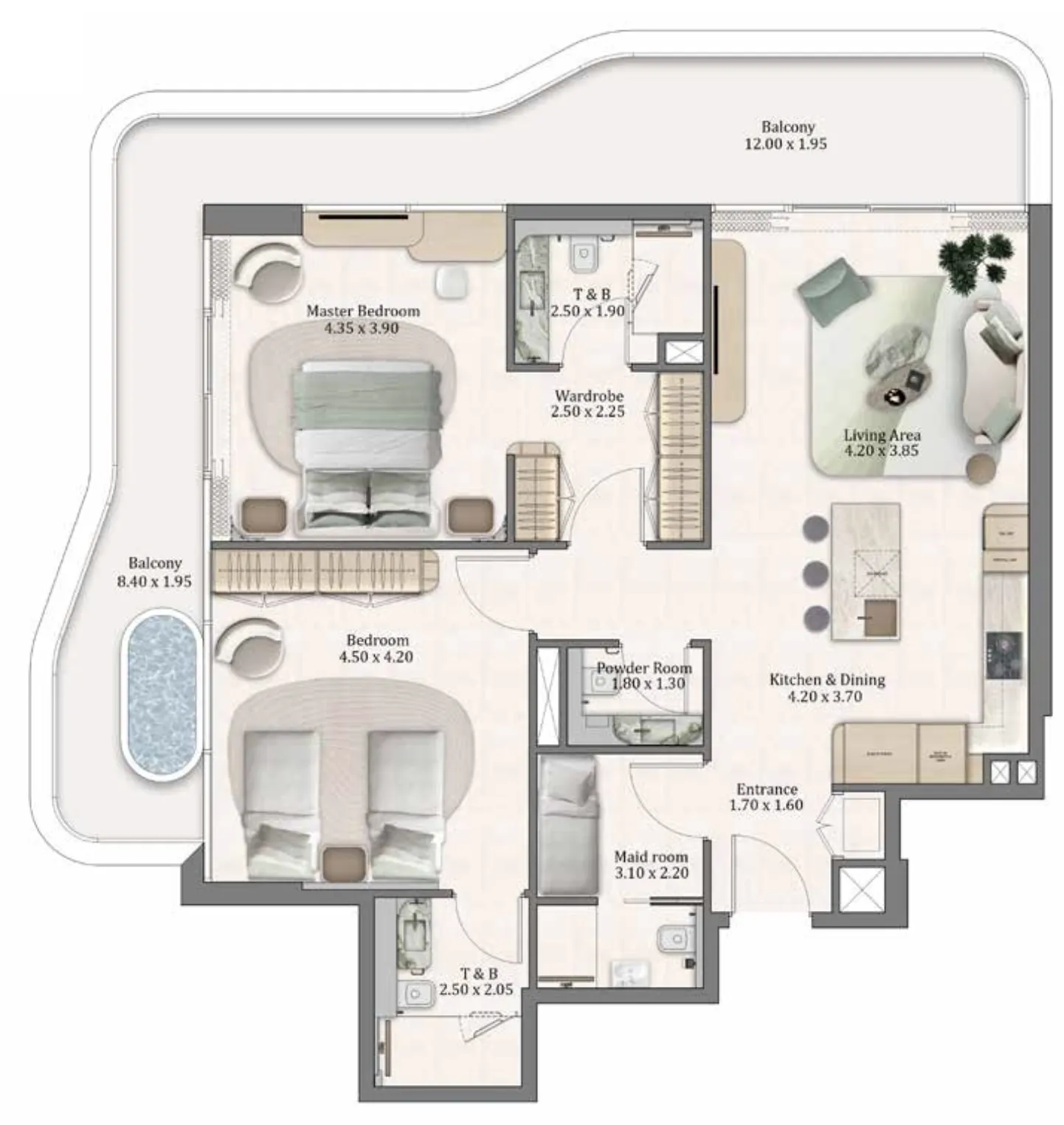 Flow Residences 2 bed floor plan, 1,482 sqft