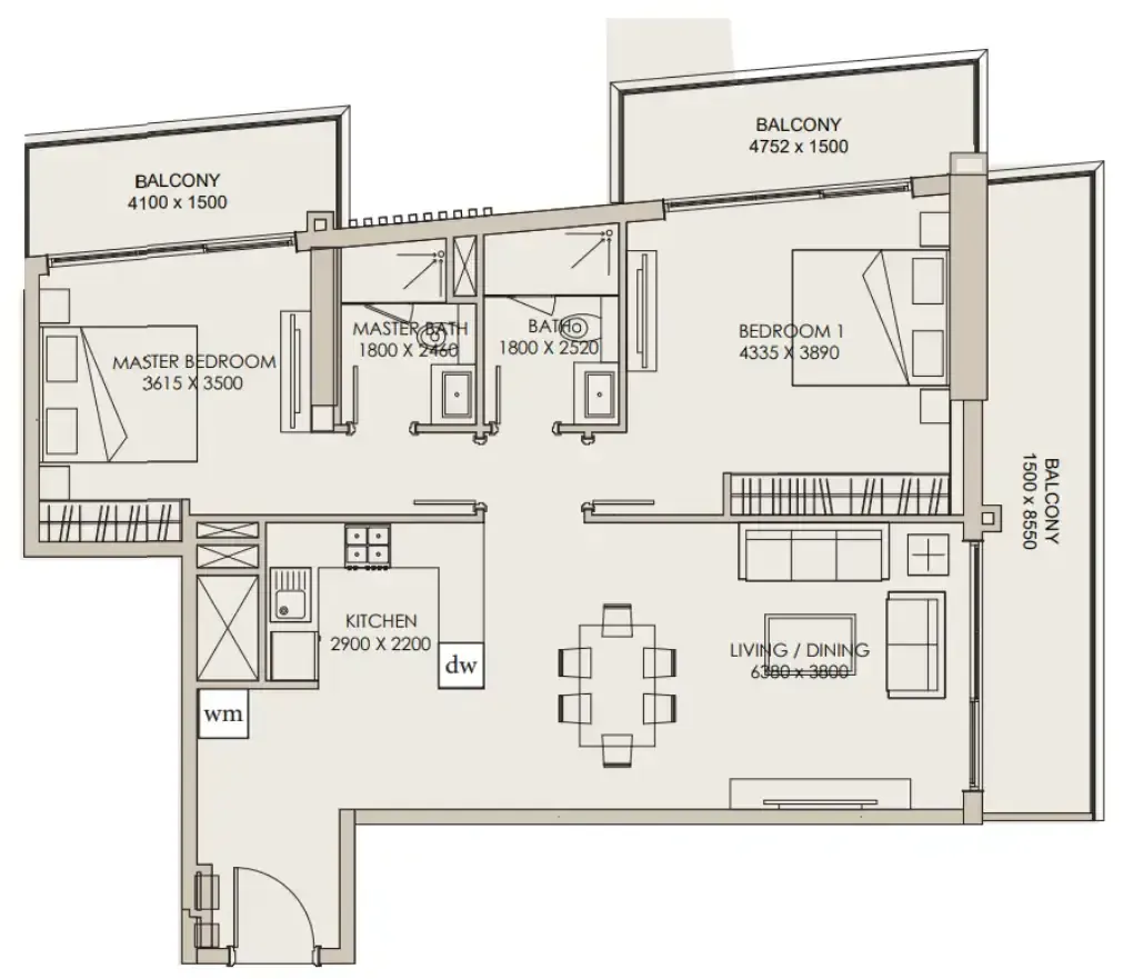 Nirvana Residences 1 2 bed floor plan, 1,289 sqft