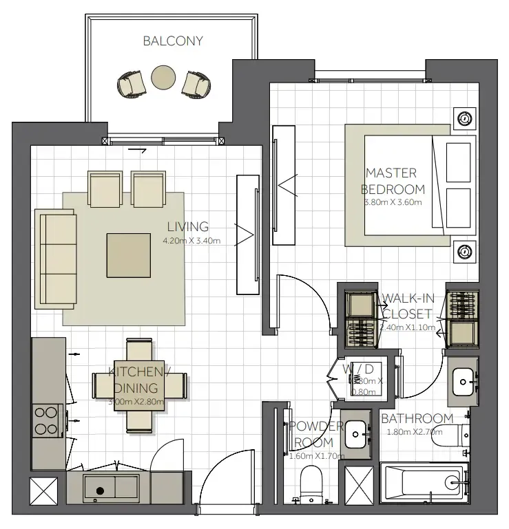 Topaz Residences 1 bed floor plan, 743 sqft