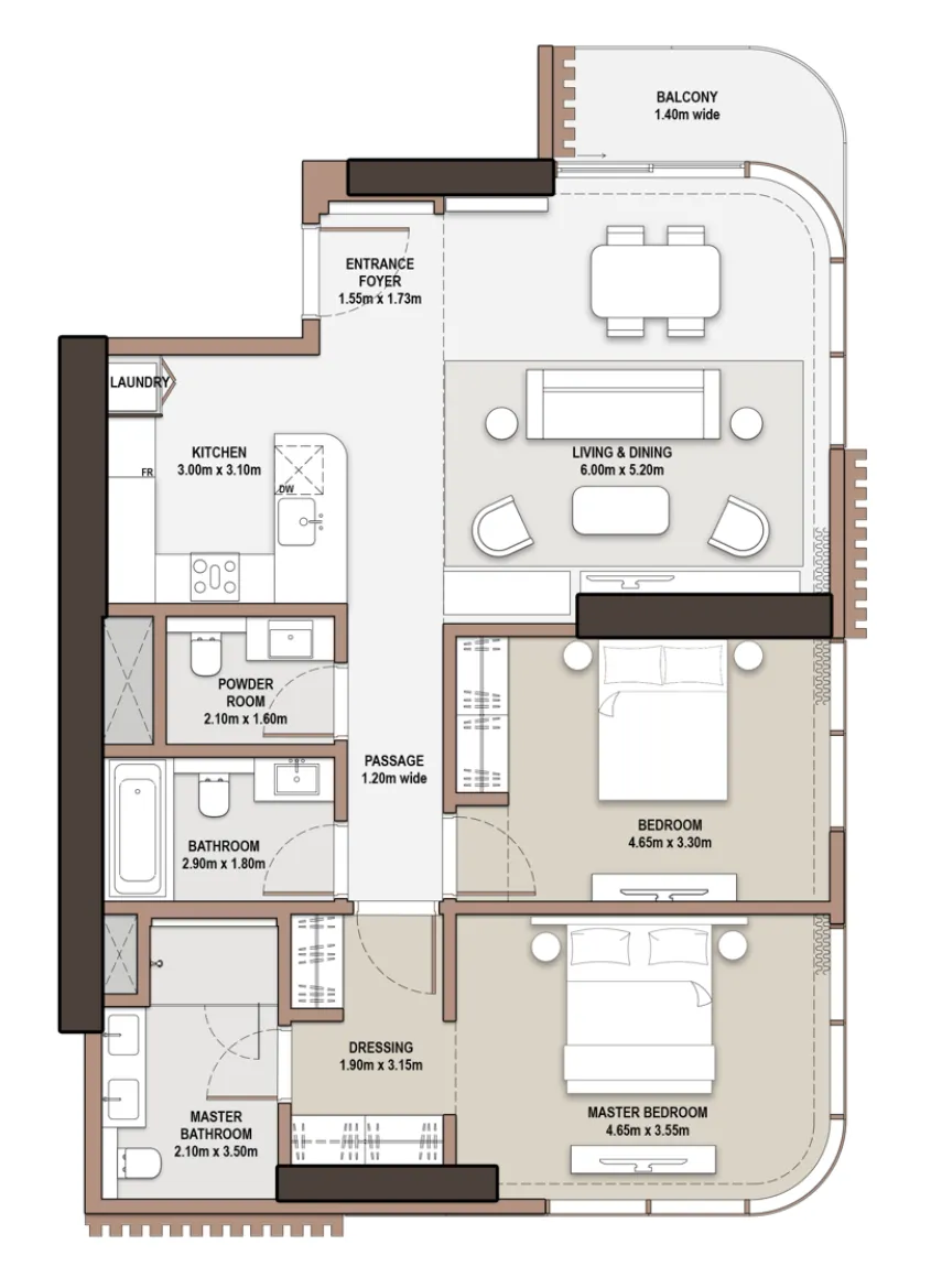 The Edit at d3 2 bed floor plan, 1,267 sqft