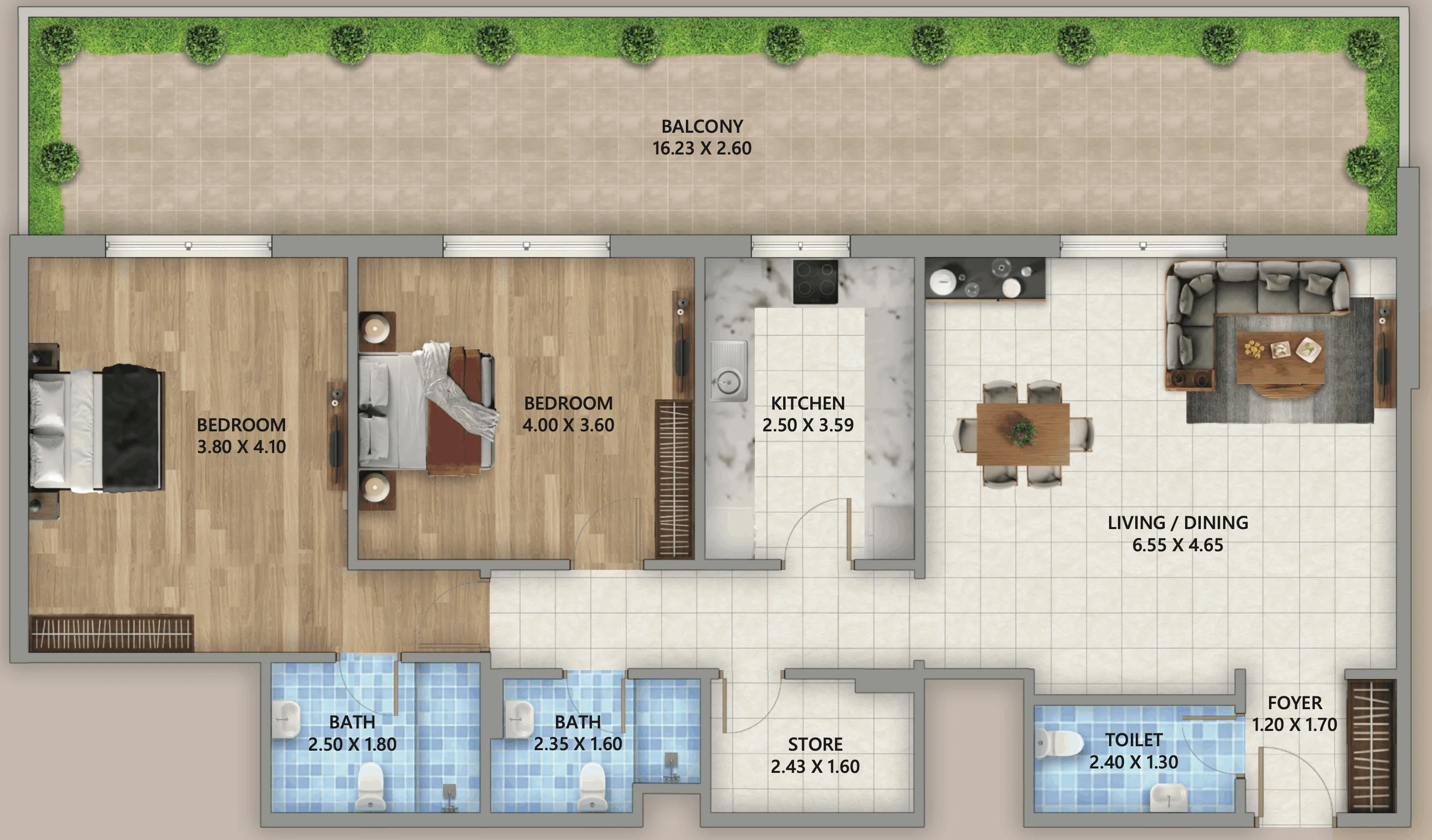 Linden Residences 2 bed floor plan, 1,613 sqft