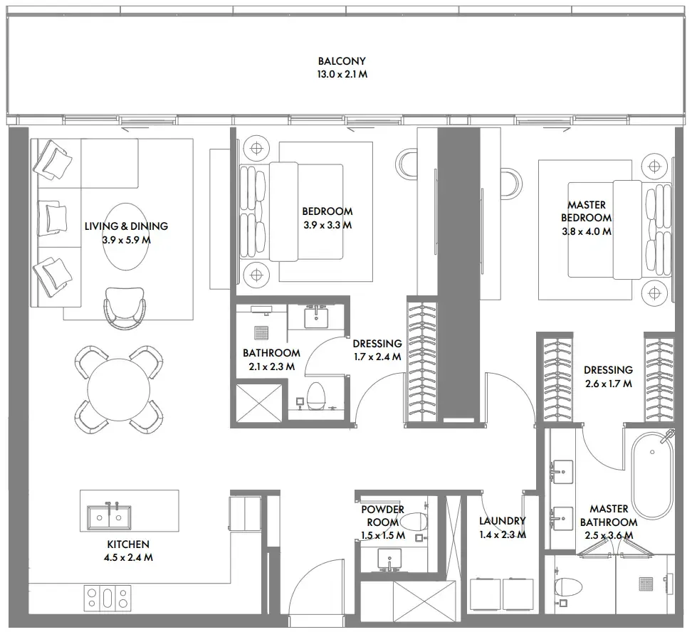 W The Residences by Arada 2 bed floor plan, 1,599 sqft