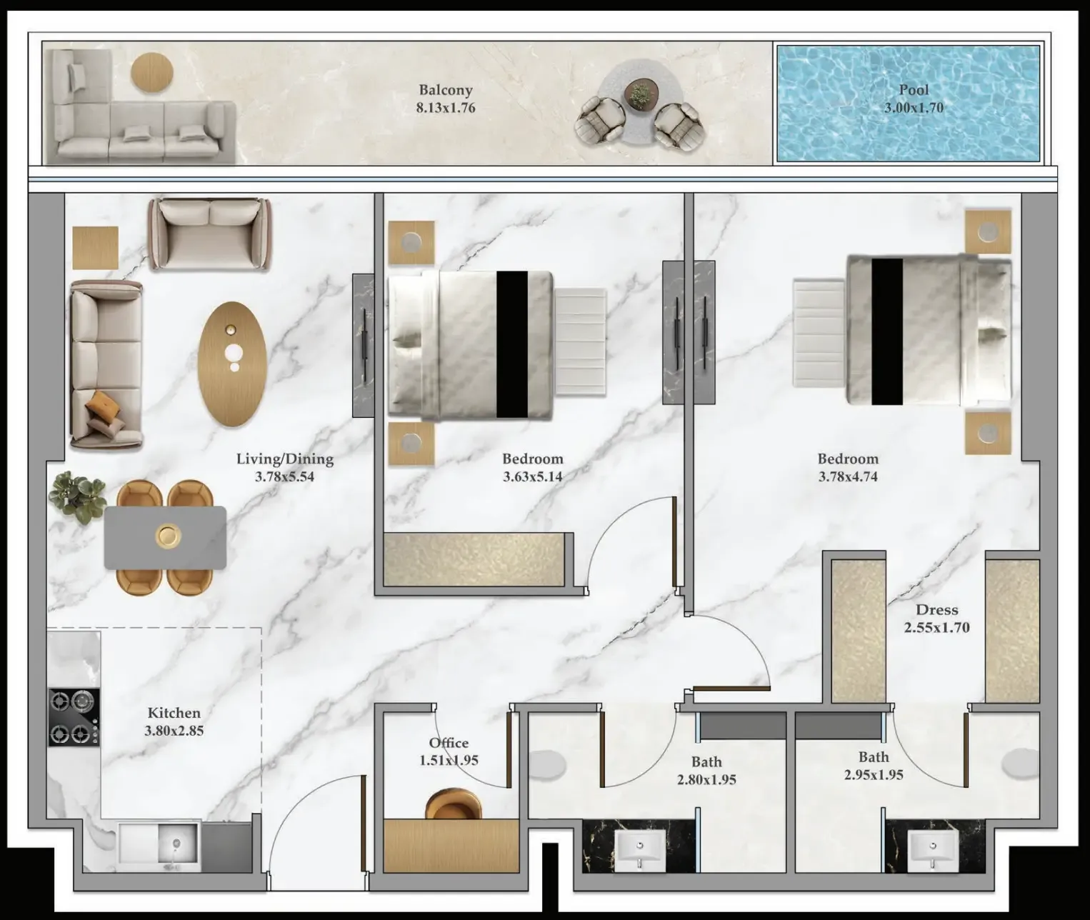 Bayz 102 2 bed floor plan, 1,127 sqft