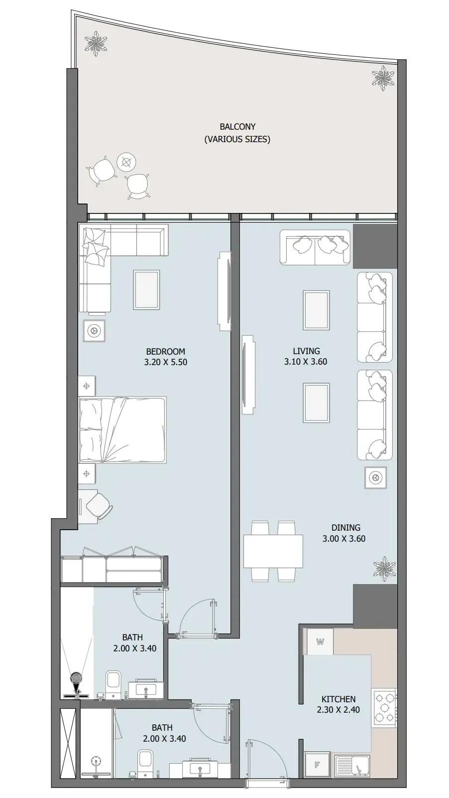 Oceana 1 bed floor plan, 1,349 – 1,405 sqft